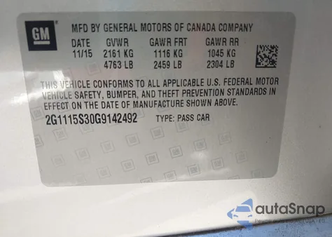 2016 Chevrolet Impala 2Lt from USA, damaged, VIN 2G1115S30G9142492